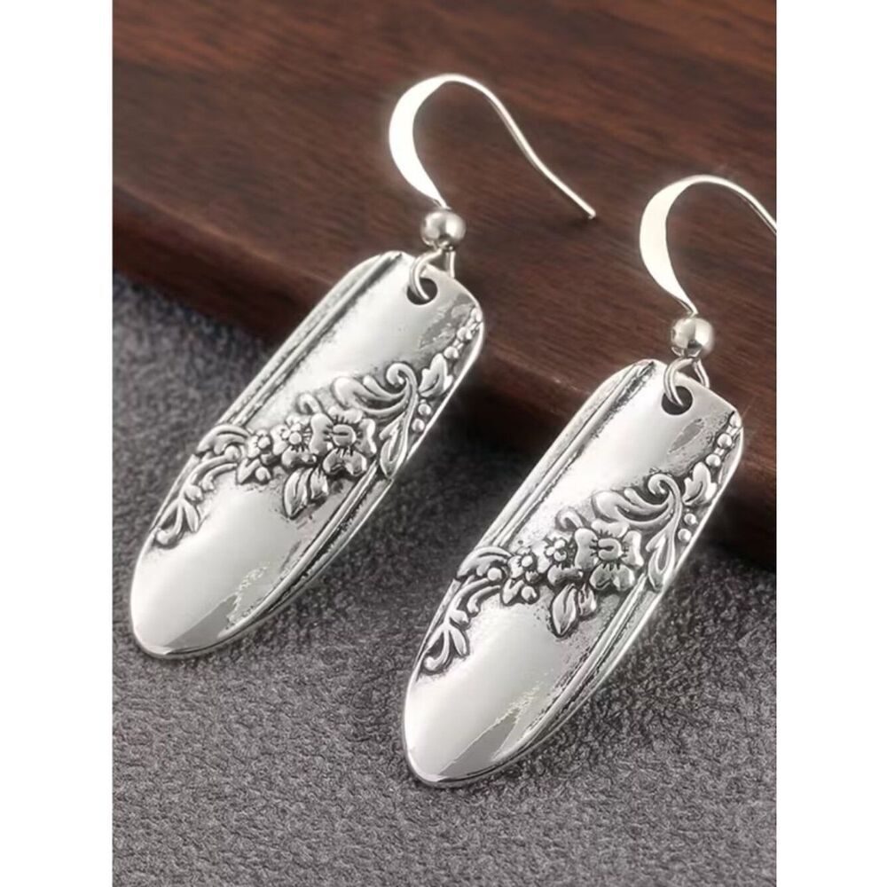 NWT Bohemian Style Silver Plate Teaspoon Earrings Flower & Vine Embossed